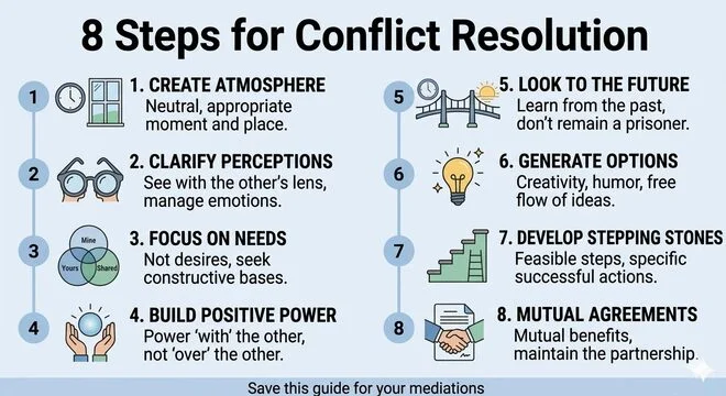 Infographic: 8 Steps for Conflict Resolution by Dudley Weeks.