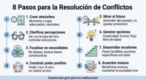 Diagrama de flujo con 8 iconos que explican la resolución de conflictos: atmósfera, percepciones, necesidades, poder, futuro, opciones, escalones y acuerdos