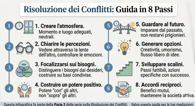 Diagramma con 8 icone che spiegano la risoluzione dei conflitti: atmosfera, percezioni, bisogni, potere, futuro, opzioni, scalini e accordi